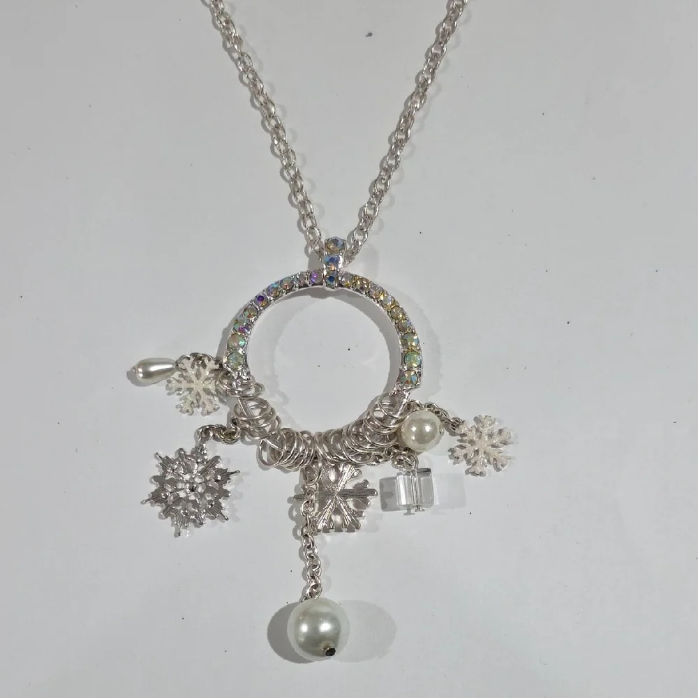 Silver Pendant Necklace – Iridescent Halo Circle - Snowflake, Pearl & Gift Charm
